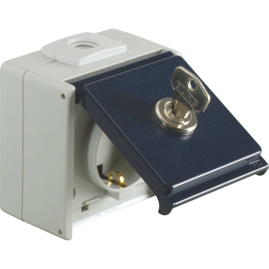 OPUS® AQUA geaarde contactdoos enkel met slot sleutel "1" lichtgrijs/staalblauw