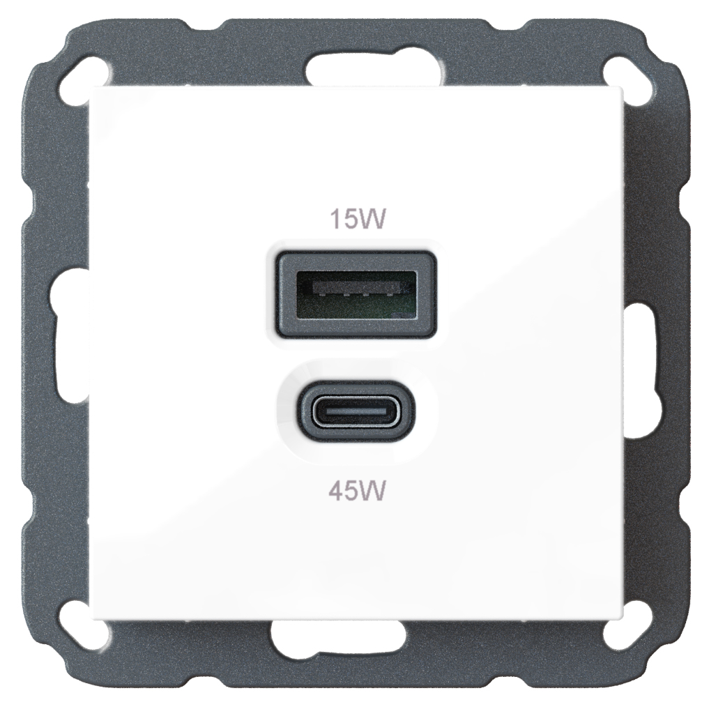 USB inbouw oplader combi, Power Delivery (PD), 45 W en 15 W
