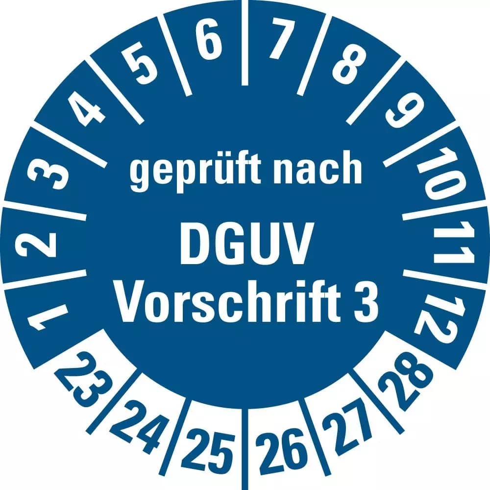 Badge "geprüft n. DGUV V.3" 23-28, blauw, Ø20mm (Bogen=10) folie, zelfklevend