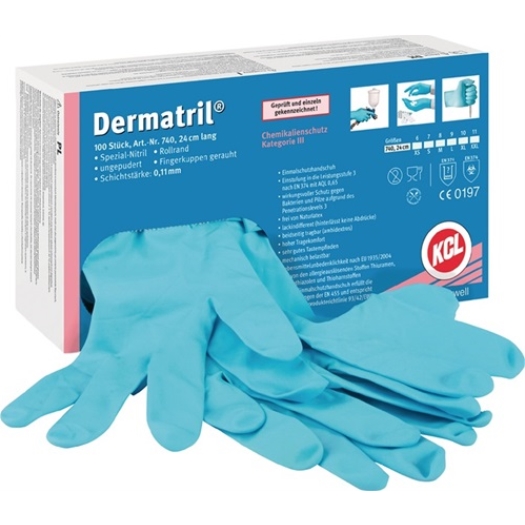 Wegwerphandschoenen Dermatril 740 maat 10 blauw nitril EN374,EN455 cat.III 100 st./doos