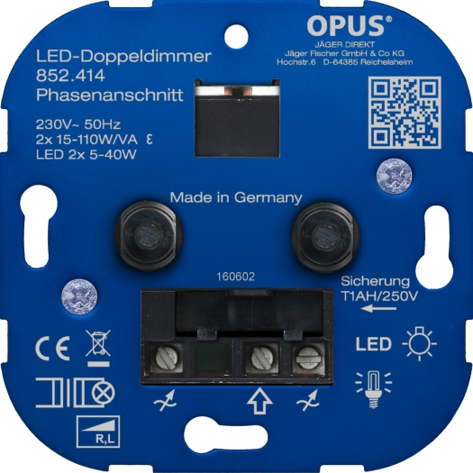OPUS Duo dimmer voor LED, gloei- en HV- halogeenlampen fase-aansnijding 2 x 15 - 110 VA / 2 x LED 5