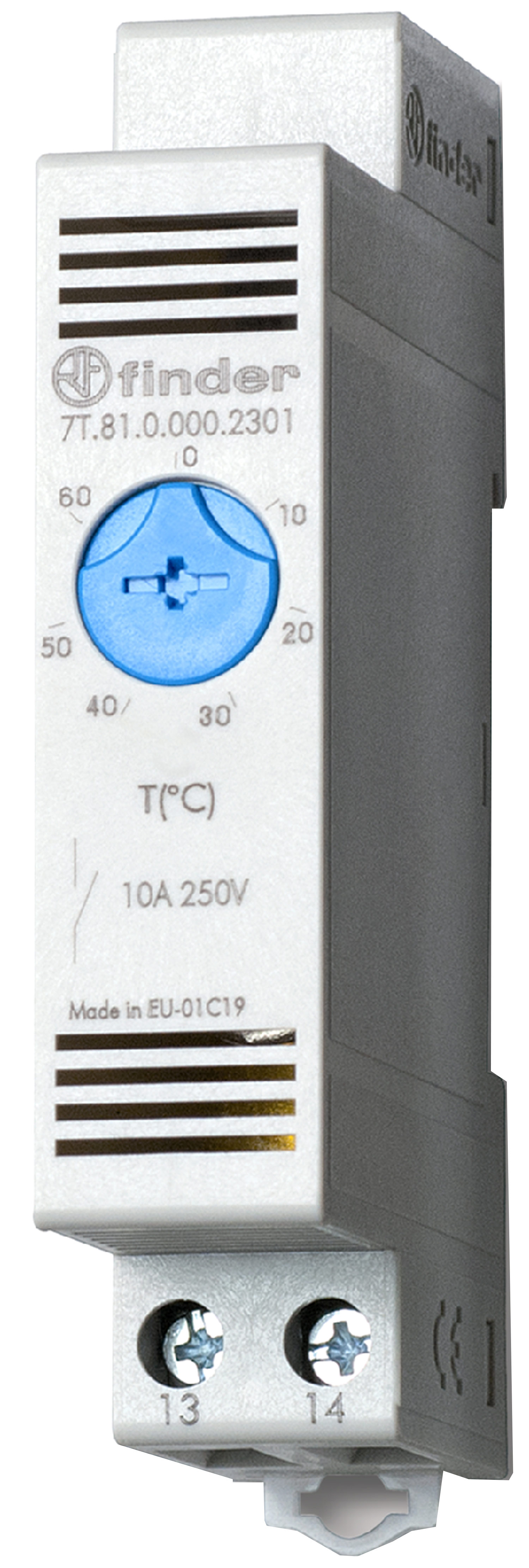 Thermostaat voor schakelkast, op rail 17,5 mm breed, 1 maakcontact 10 A, instelbaar van -20