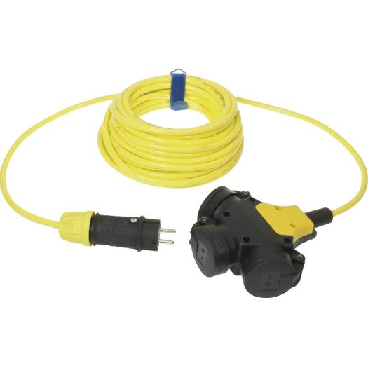 SiRoX verlenging, geel, 10 m, 1x aardingscontactstekker en 3-weg koppeling, H07BQ-F 3G1.5