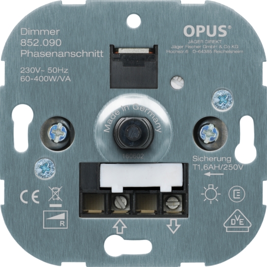 OPUS gloeilampdraaidimmer met schroefklemmen 60- 400 W met druk-wisselschakelaar, metalen as