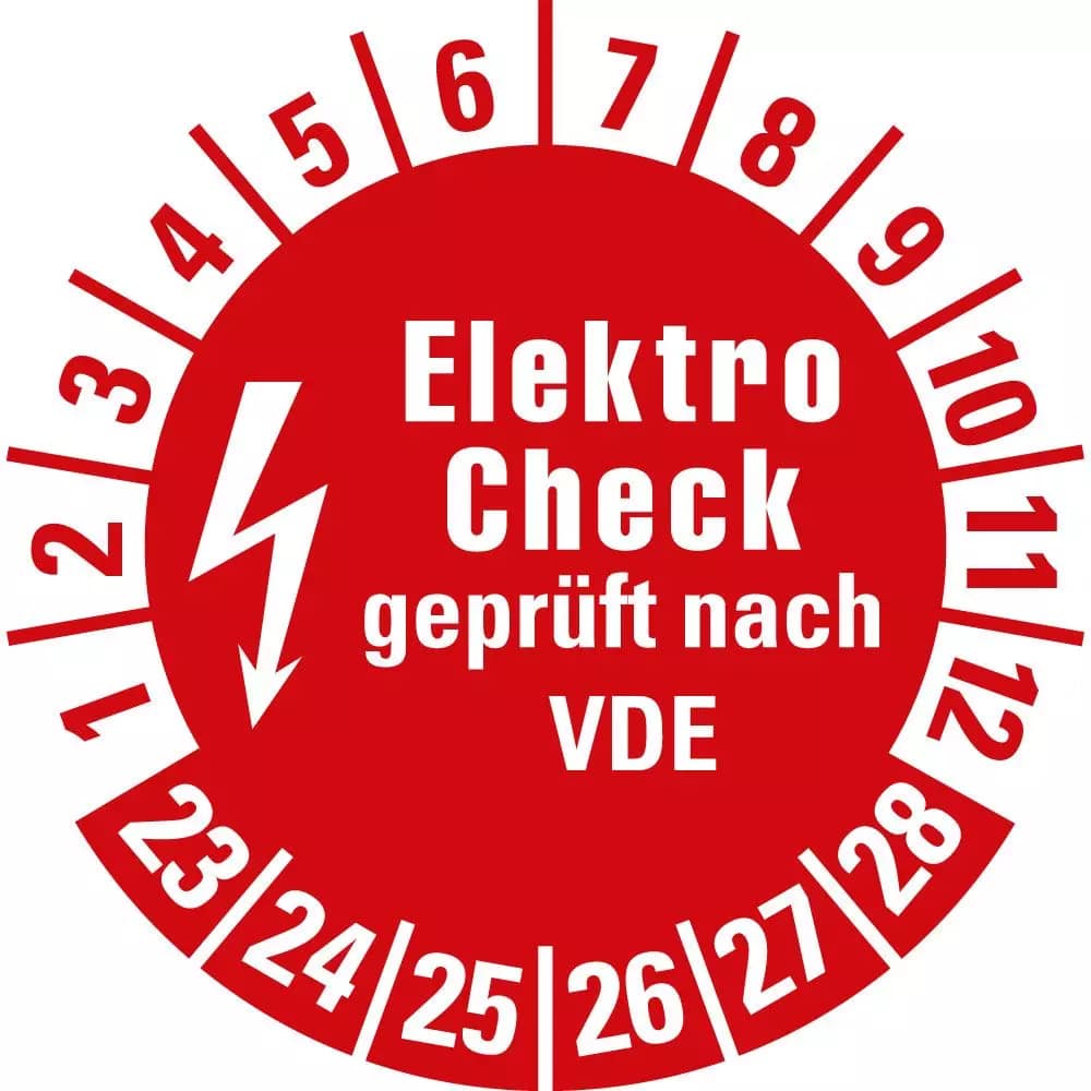 Testbadge Elektro Check getest volgens VDE, 23 - 28, rood, zelfklevende folie, Ø20 mm, 10 st./vel