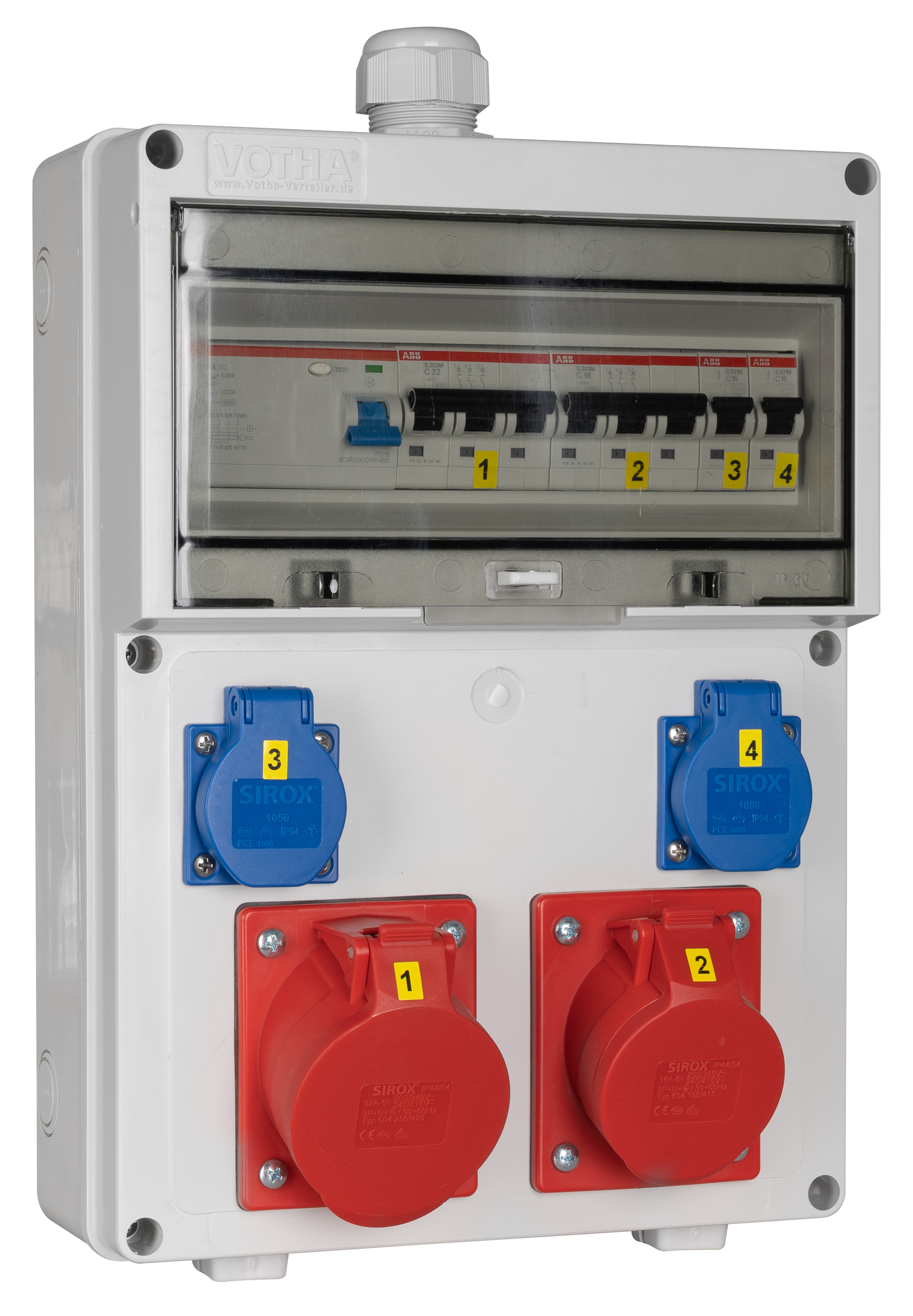 VOTHA WÜRZBURG wandverdeler - bedraad met 1x CEE 32, 1x CEE 16 A, 2x WCD'S 230 V en aardlekschakelaar 40 A 0,03 A (4P)