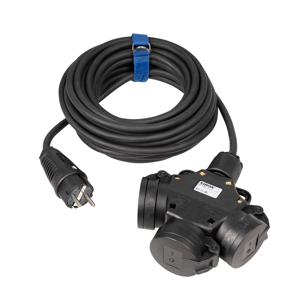 SiRoX verlenging, zwart, 10 m, 1x contactstekker en 3-weg koppeling, H07RN-F 3G2.5