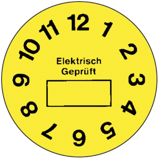 Teststicker " Elektrisch geprüft" met maandvermelding 1 - 12 (Duitstalig) met maandvermelding 1-12