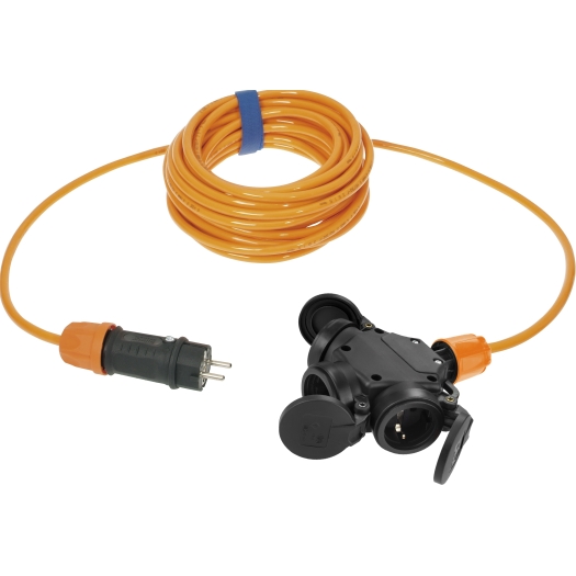 SiRoX verlenging, fluorescerend oranje, 15 m, 1x aardingscontactstekker en 3-weg koppeling, H07BQ-F 3G1.5