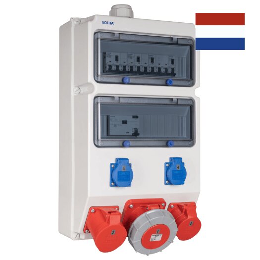 VOTHA WUPPERTAL wandverdeler - bedraad met 1x CEE 63 A, 1x CEE 32 A, 1x CEE 16 A, 2x WCD'S 230 V en aardlekschakelaar 63 A 0,03 A (4P)