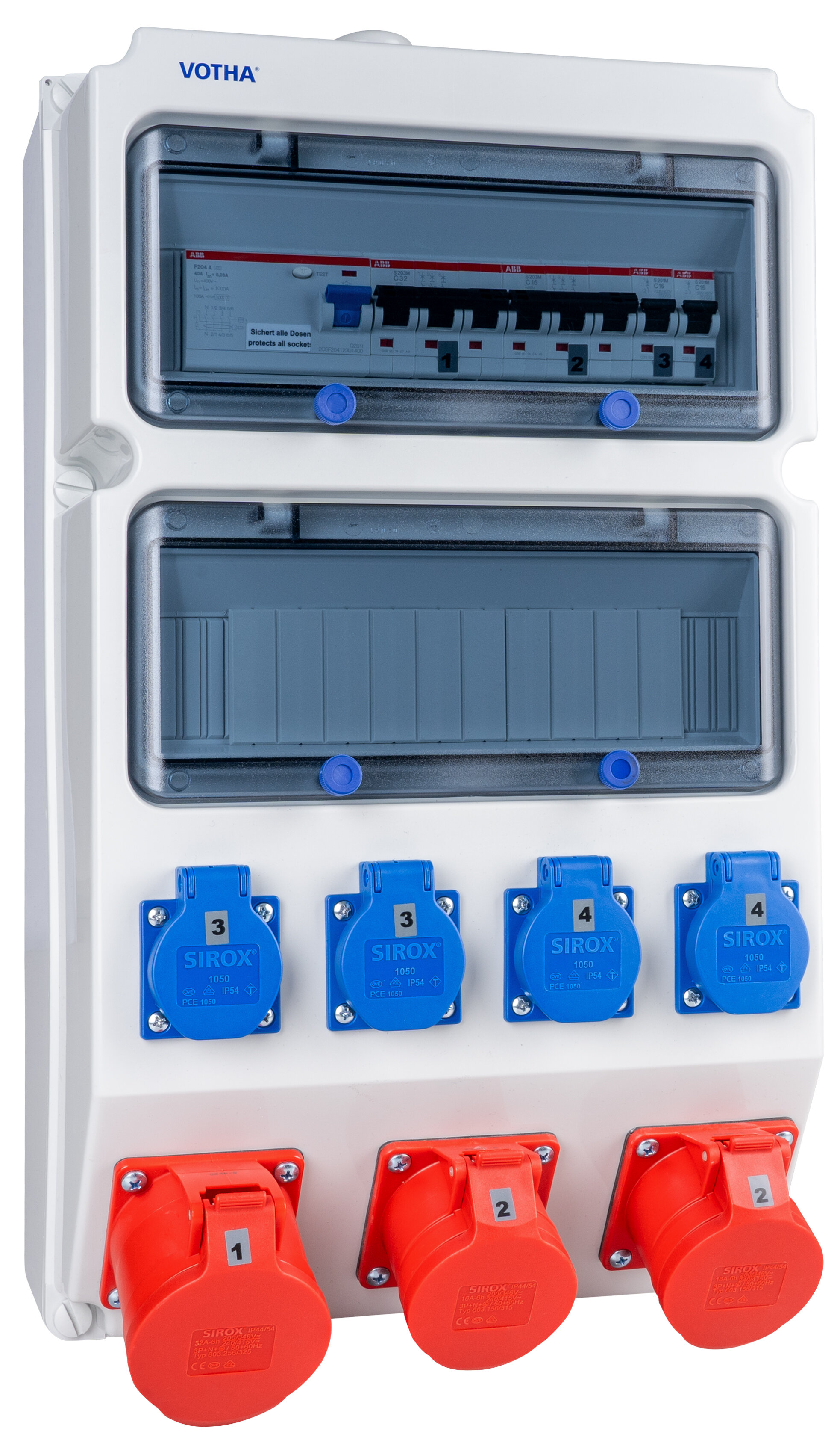 VOTHA WUPPERTAL wandverdeler - bedraad met 1x CEE 32 A, 2x CEE 16 A, 4x WCD'S 230 V en aardlekschakelaar 40 A 0,03 A (4P)